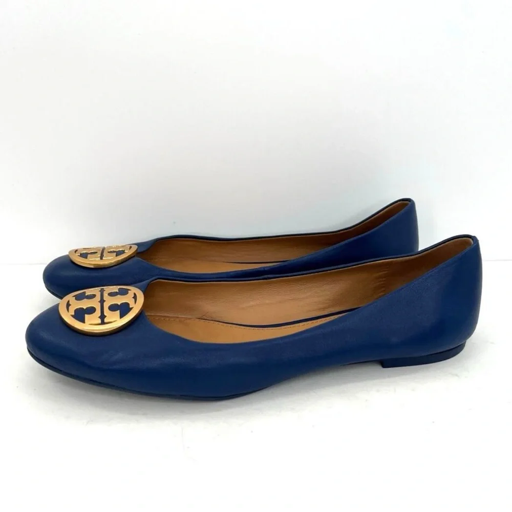 Tory Burch Navy Flats with Gold Emblem - Picture 3 of 10